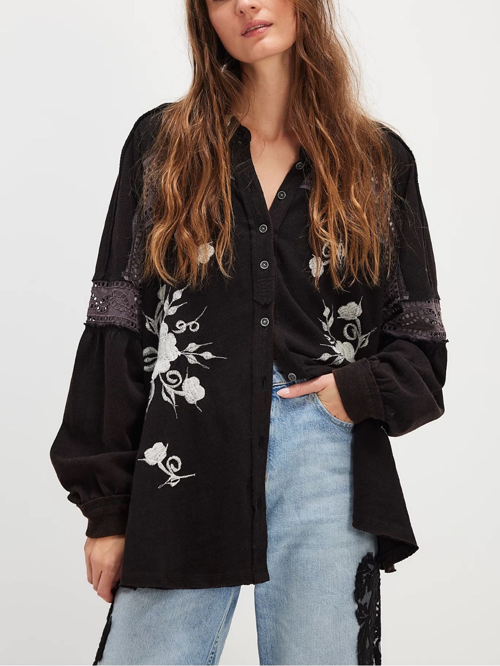 Free People We The Free Blue Ridge Floral Embroidered Button Down Oversized Top